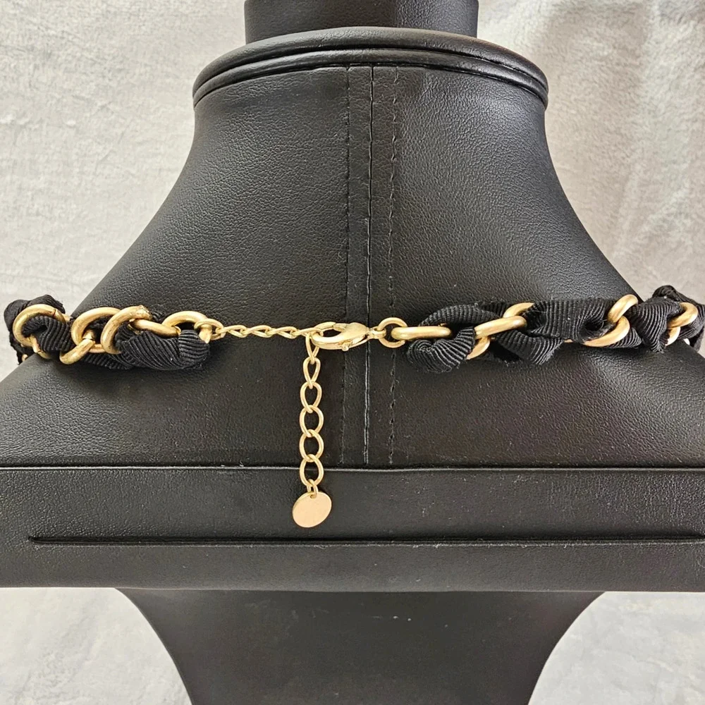 Talbots Signed Multi Strand Necklace Black Ribbon Gold Chain Draped Statement